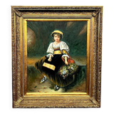 Portrait d'une bouquetière dans un beau cadre baguette.