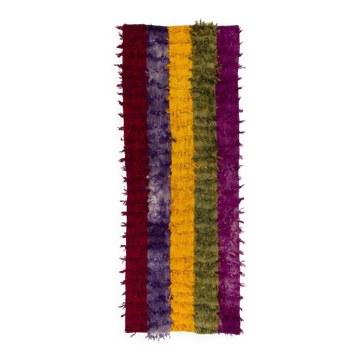 Tapis coureur Tulu vintage fait à la main en rouge, violet, jaune, vert et magenta, 100 % laine mohair