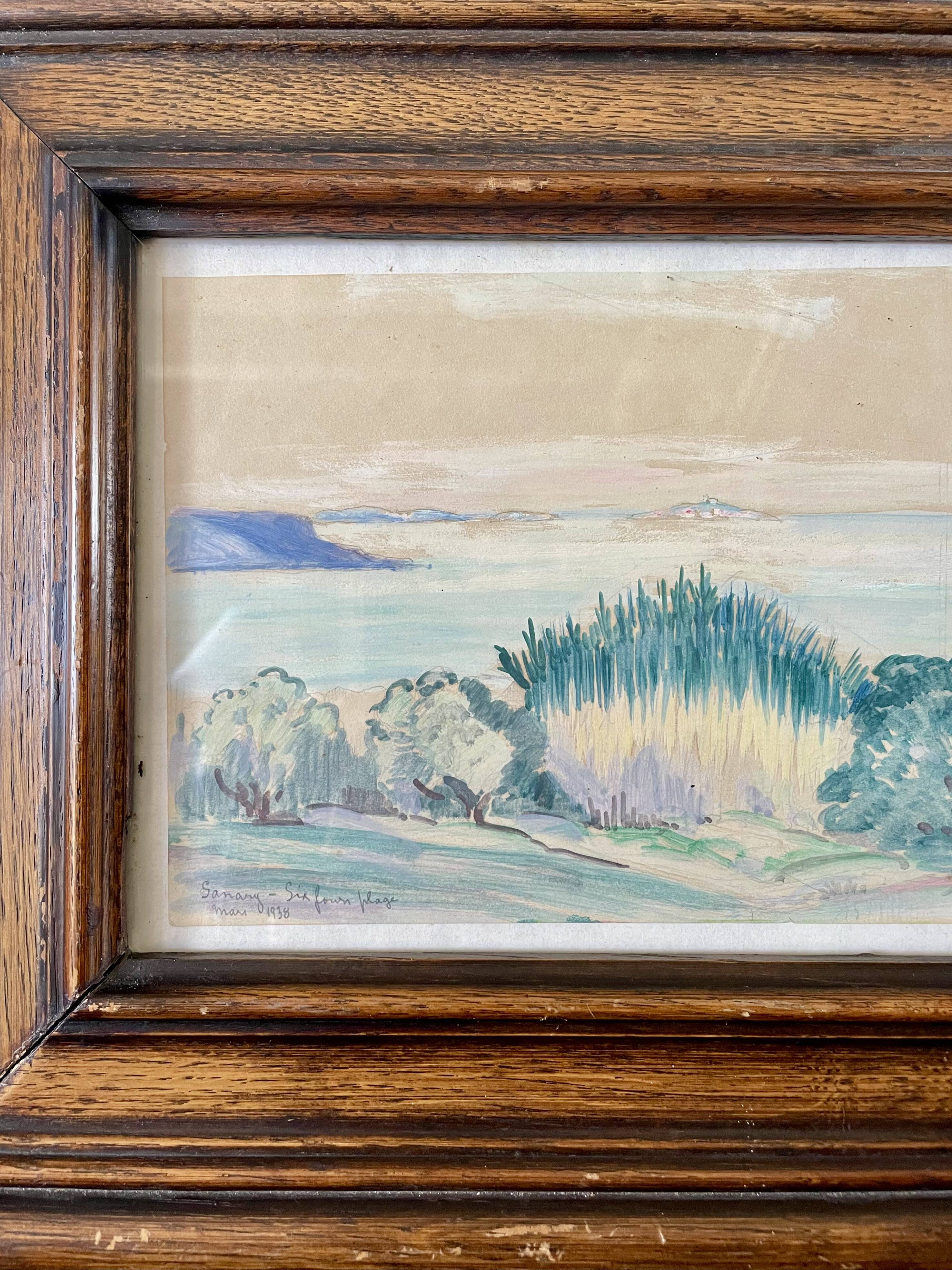Paysage provençal aquarelle cadre en bois massif 1938