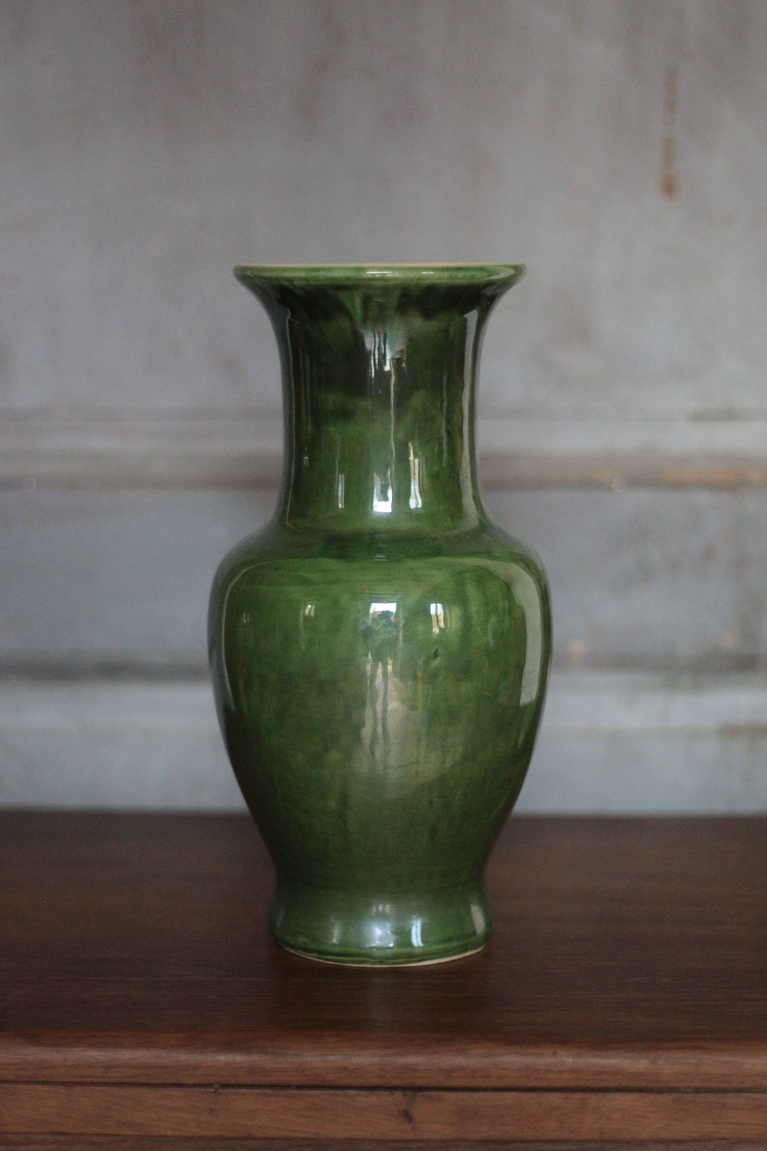 Green glazed ceramic vase, vintage baluster vase, flower pot