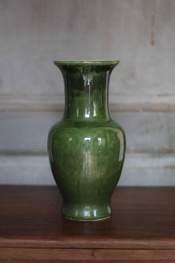 Vase céramique vernissé vert , vase balustre vintage, pot à fleurs