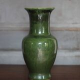 Green glazed ceramic vase, vintage baluster vase, flower pot