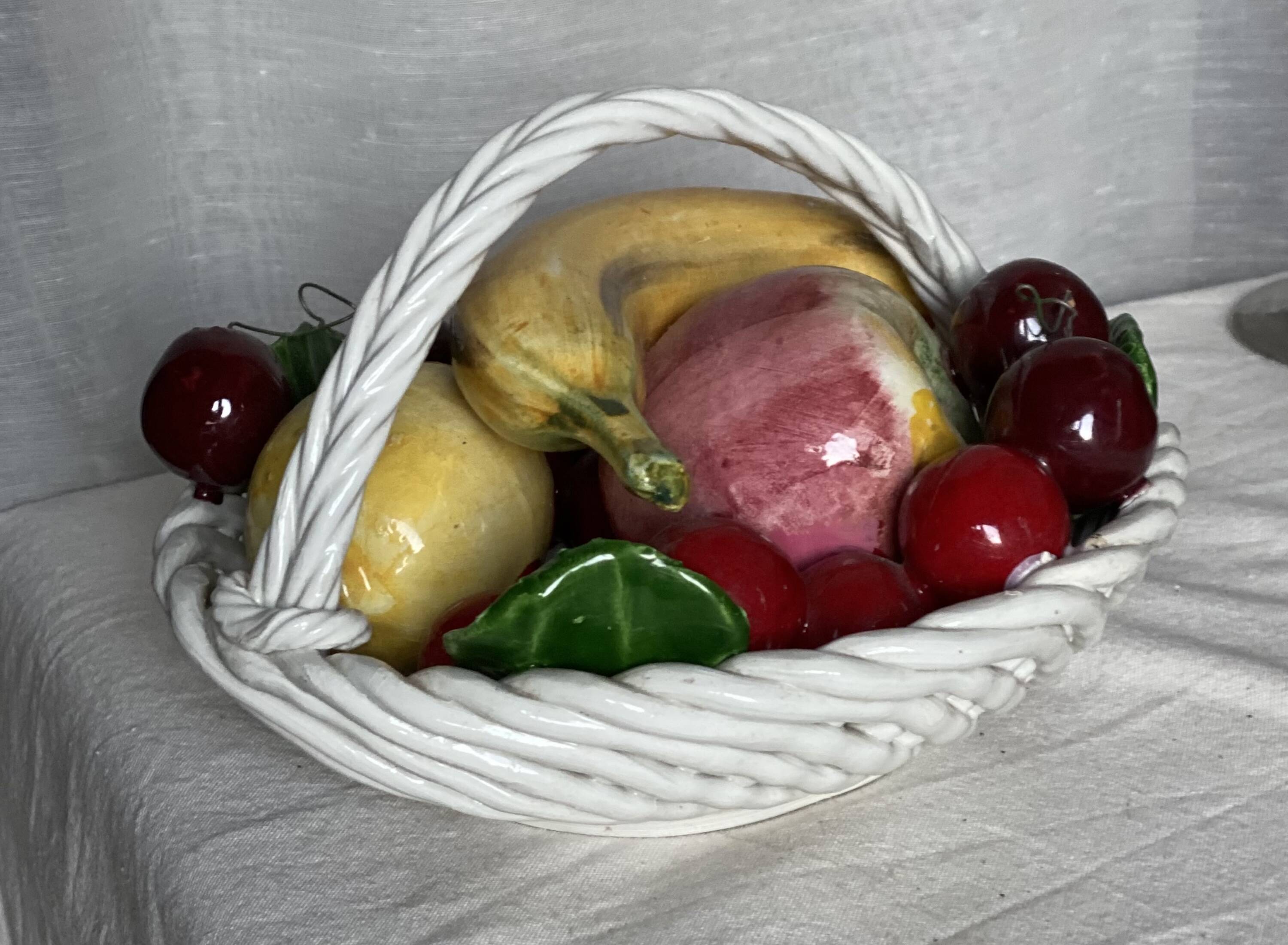 Vintage 1960s Trompe-l'Œil Fruit Basket in Woven Ceramic with Slipware