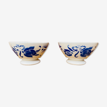 Duo de bol ancien d'enfant motif floral bleu Digoin France années 40-50.