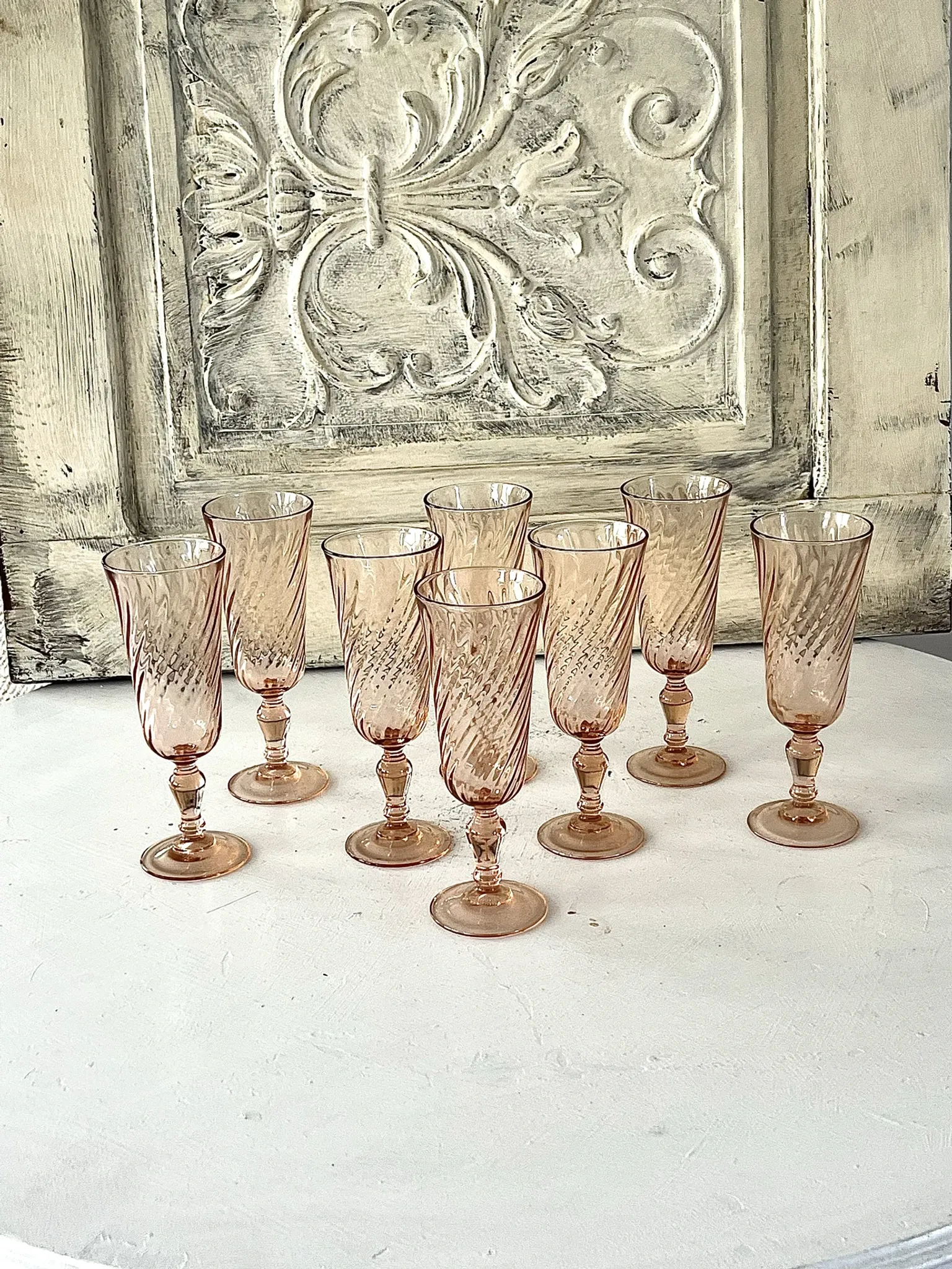 Champagne flutes pink set of 8, French swirl glass stemware rosaline