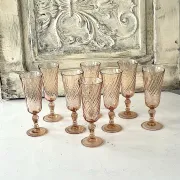 Champagne flutes pink set of 8, French swirl glass stemware rosaline