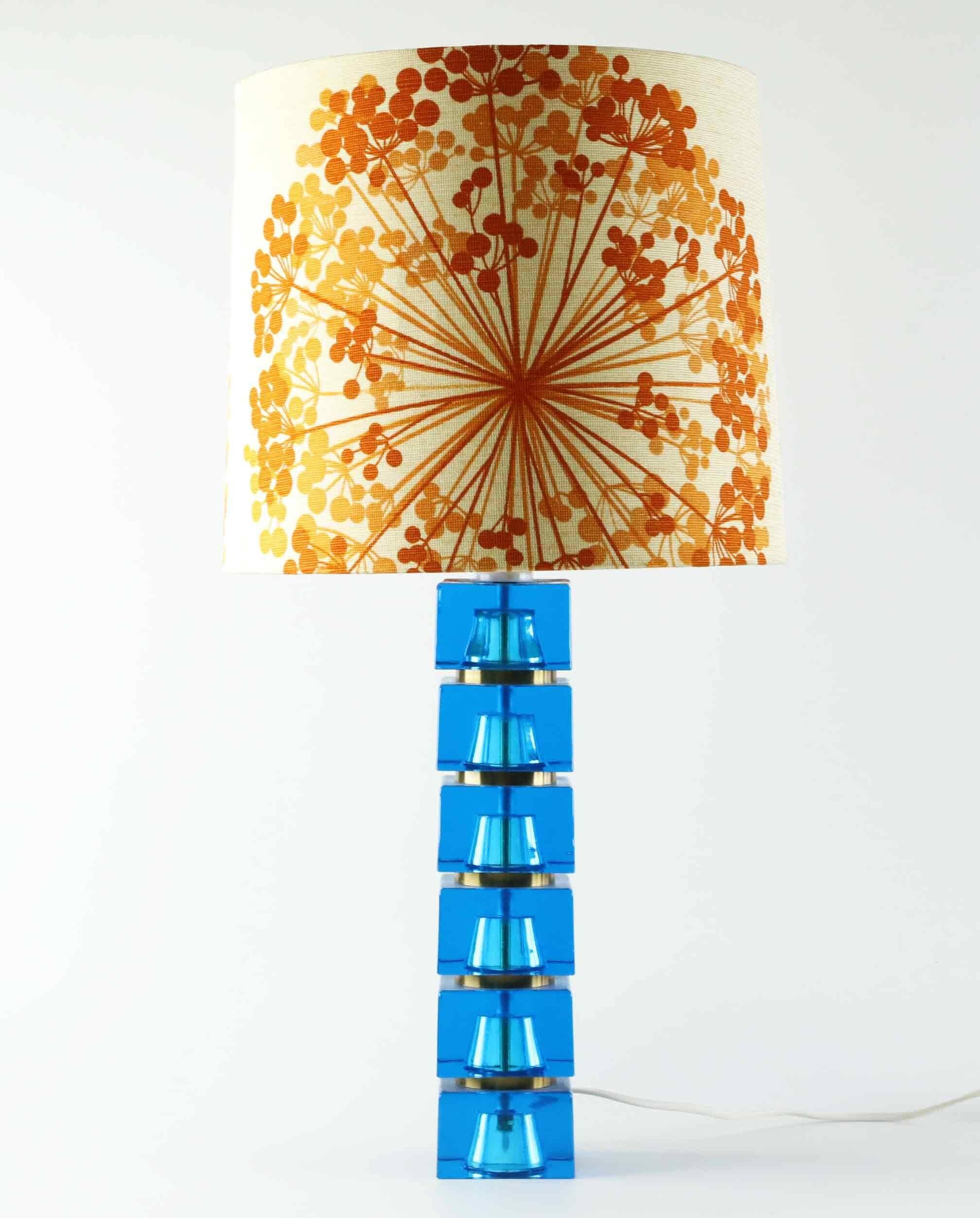 Carl Fagerlund table lamp for Orrefors blue glass and brass Sweden 1960
