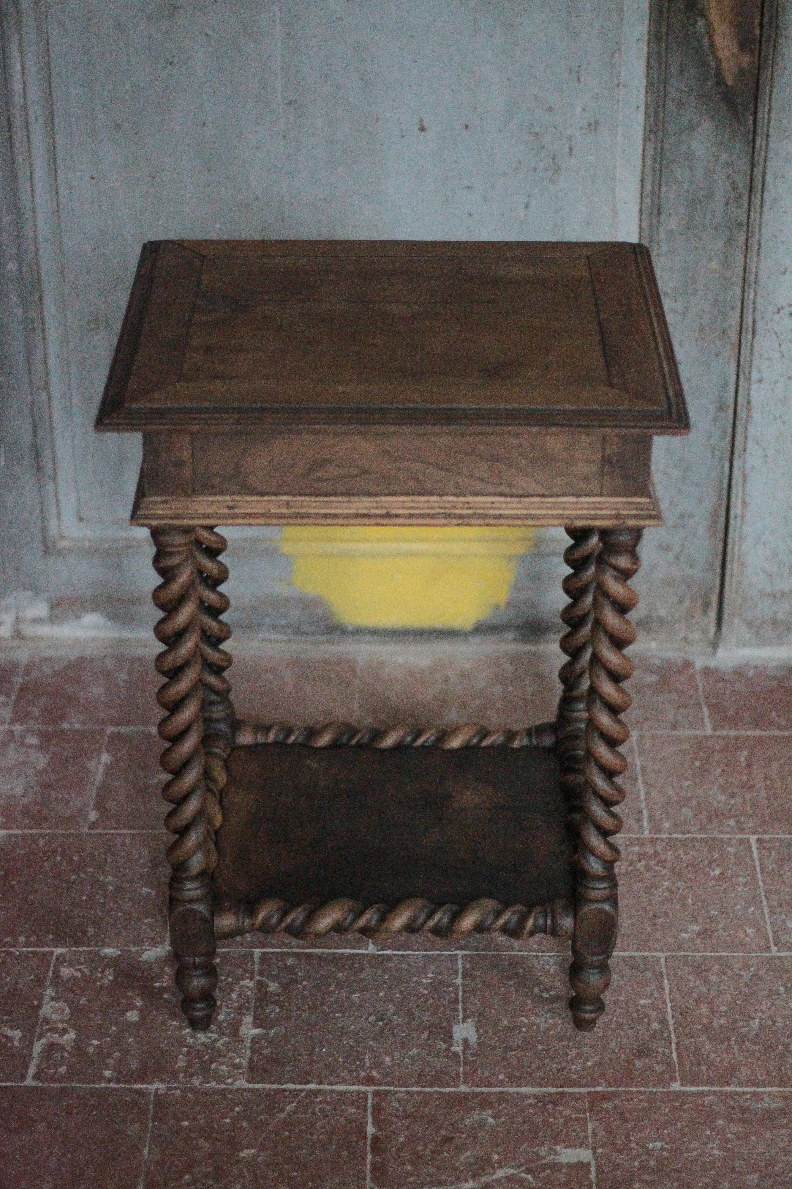 Antique turned wood bedside table with drawer, side table, nightstand
