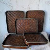 Set of 5 vintage wooden and rattan trays