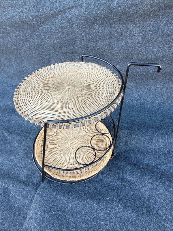 Desserte, chariot de bar en fer et osier, France années 1950