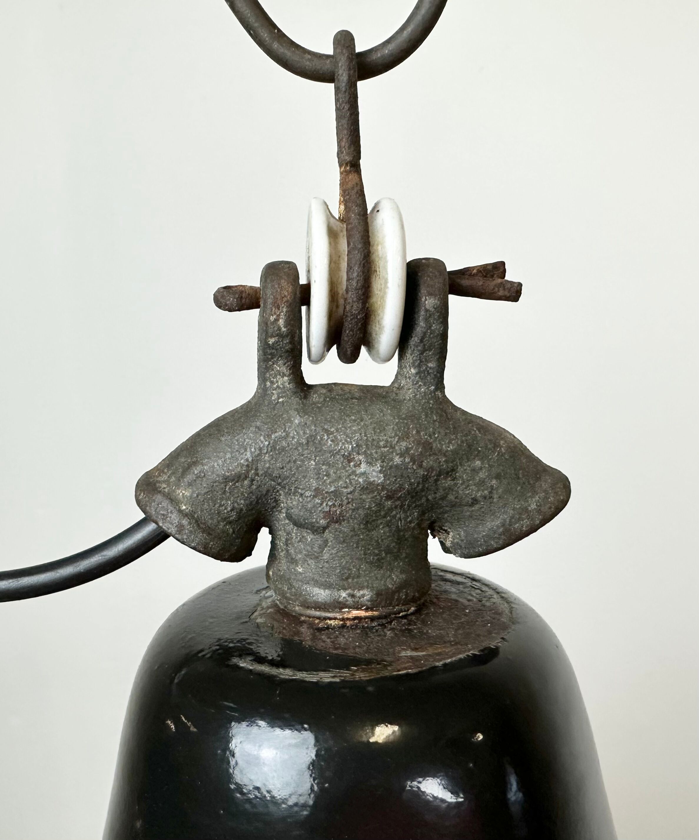 Industrial Black Enamel Factory Lamp with Cast Iron Top, 1950s
