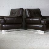 Pair of armchairs brown leather base stainless steel, France, circa 1970