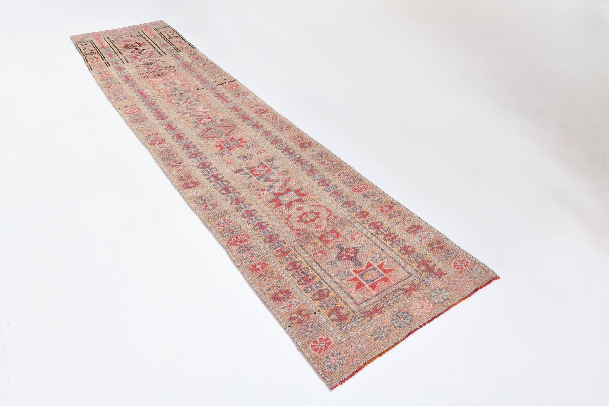 3x13 Soft Pink Vintage Oushak Long Stairs Runner Rug, 83x379 Cm