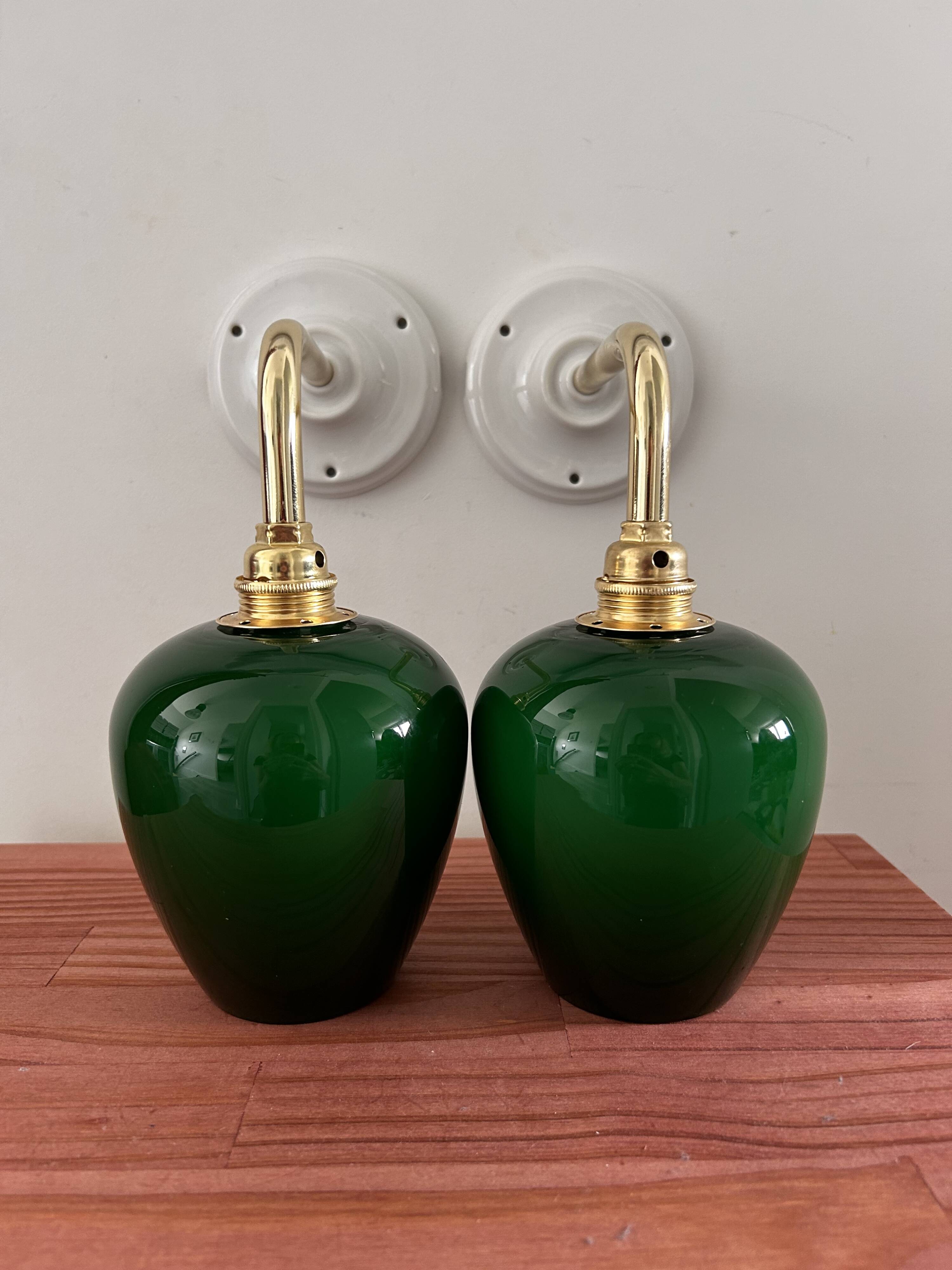 Pair of green opaline wall lights