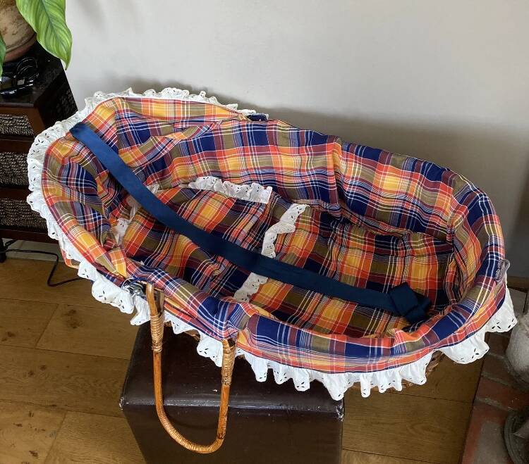 1970s wicker rattan portable bassinet cradle complete with bedding