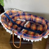 1970s wicker rattan portable bassinet cradle complete with bedding