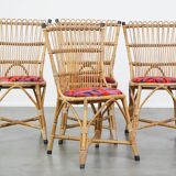 Set of 4 subtle and charming vintage 60s rattan boho chairs with colorful upholstered seats