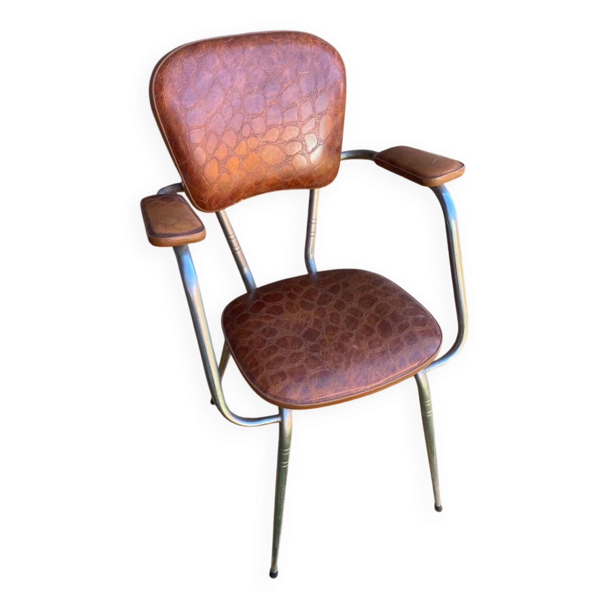 Antique Chrome Metal Armchair + Crocodile Brown Leatherette Seat & Back #C5