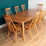 Retro Blonde Elm Model 444 Grand Plank Dining Table & 8 Goldsmith Dining Chairs