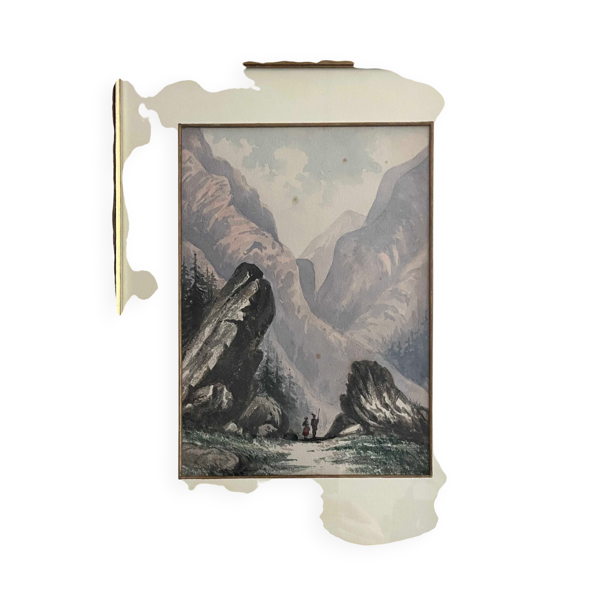 Original watercolour painting "Animated Mountain Landscape" Switzerland? + frame
