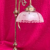 large 1900 brass lamp and cut and opaque glass lampshade, 53x25 original elec,