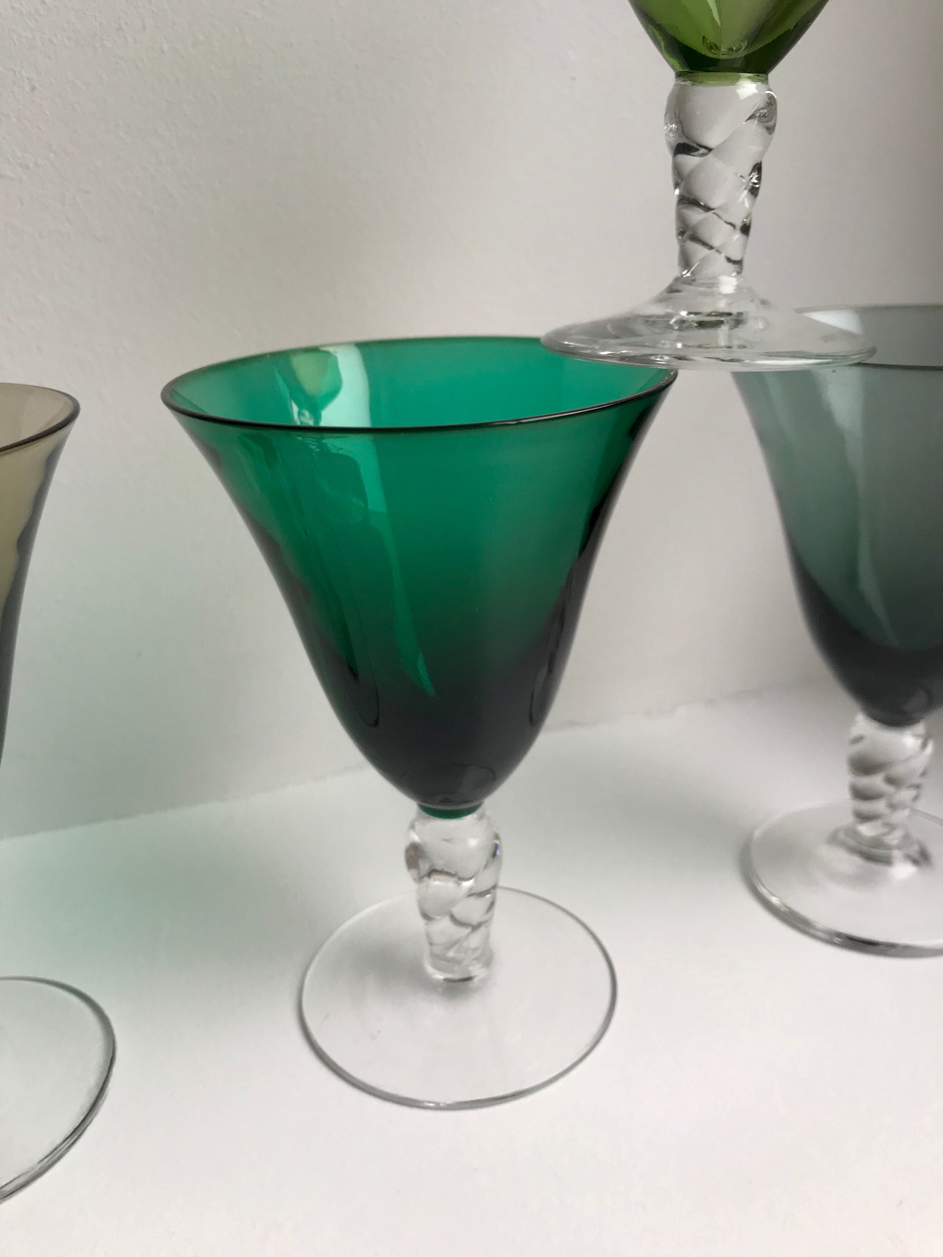 Set of 4 colored wine glasses feet worked 50s