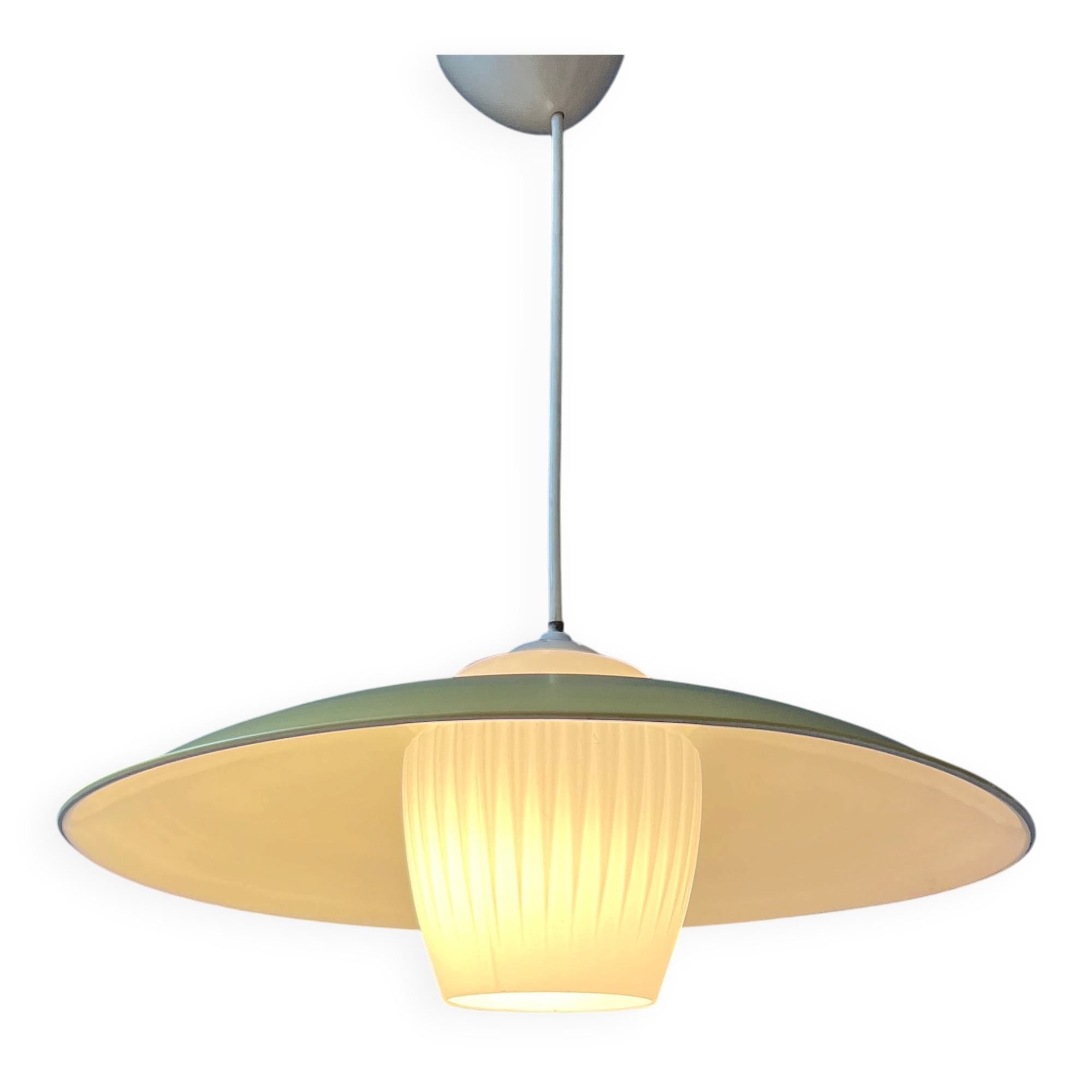 Danish mid-century suspension with opaline glass shade and yellow metal cover.