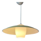 Danish mid-century suspension with opaline glass shade and yellow metal cover.