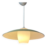 Danish mid-century suspension with opaline glass shade and yellow metal cover.