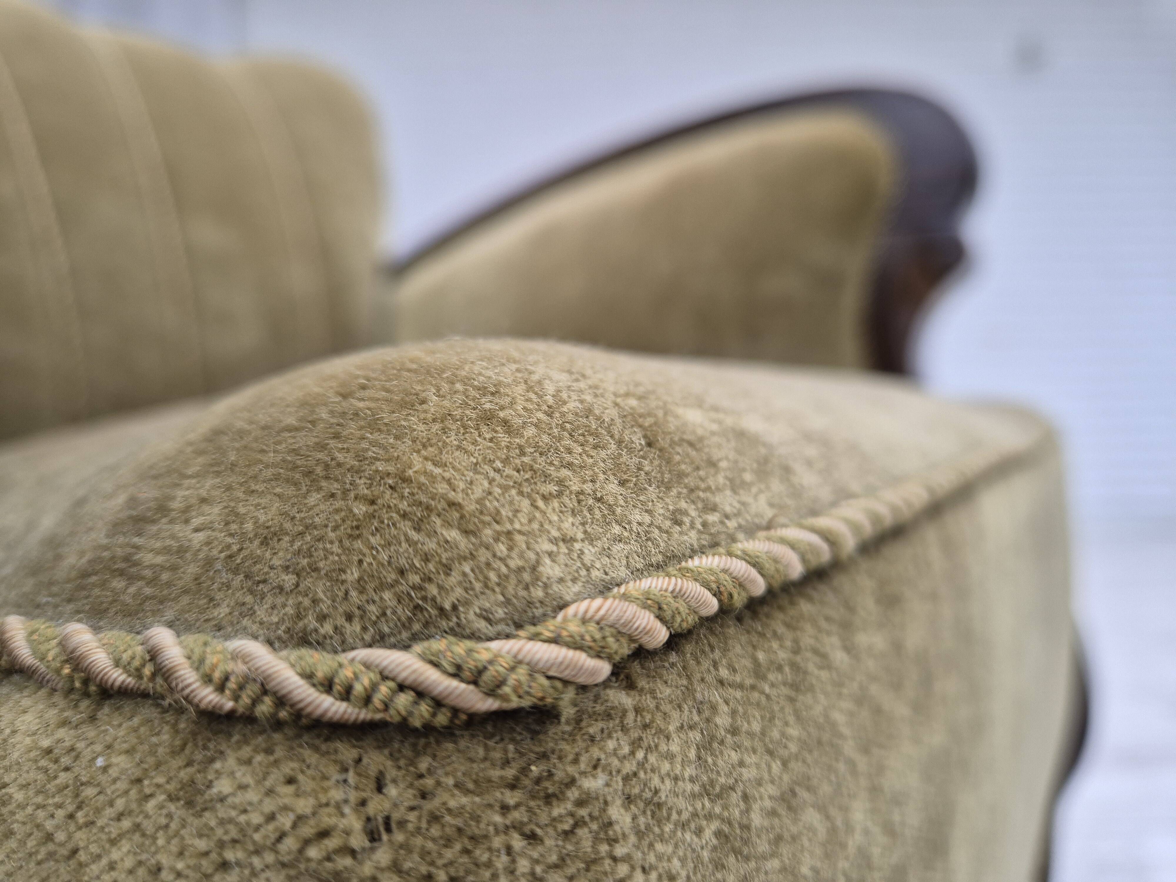 1950s, Danish relax armchair, green furniture velour, beech wood.