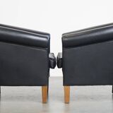 Set of 2 Black Cowhide Leather Club Chairs in English Style