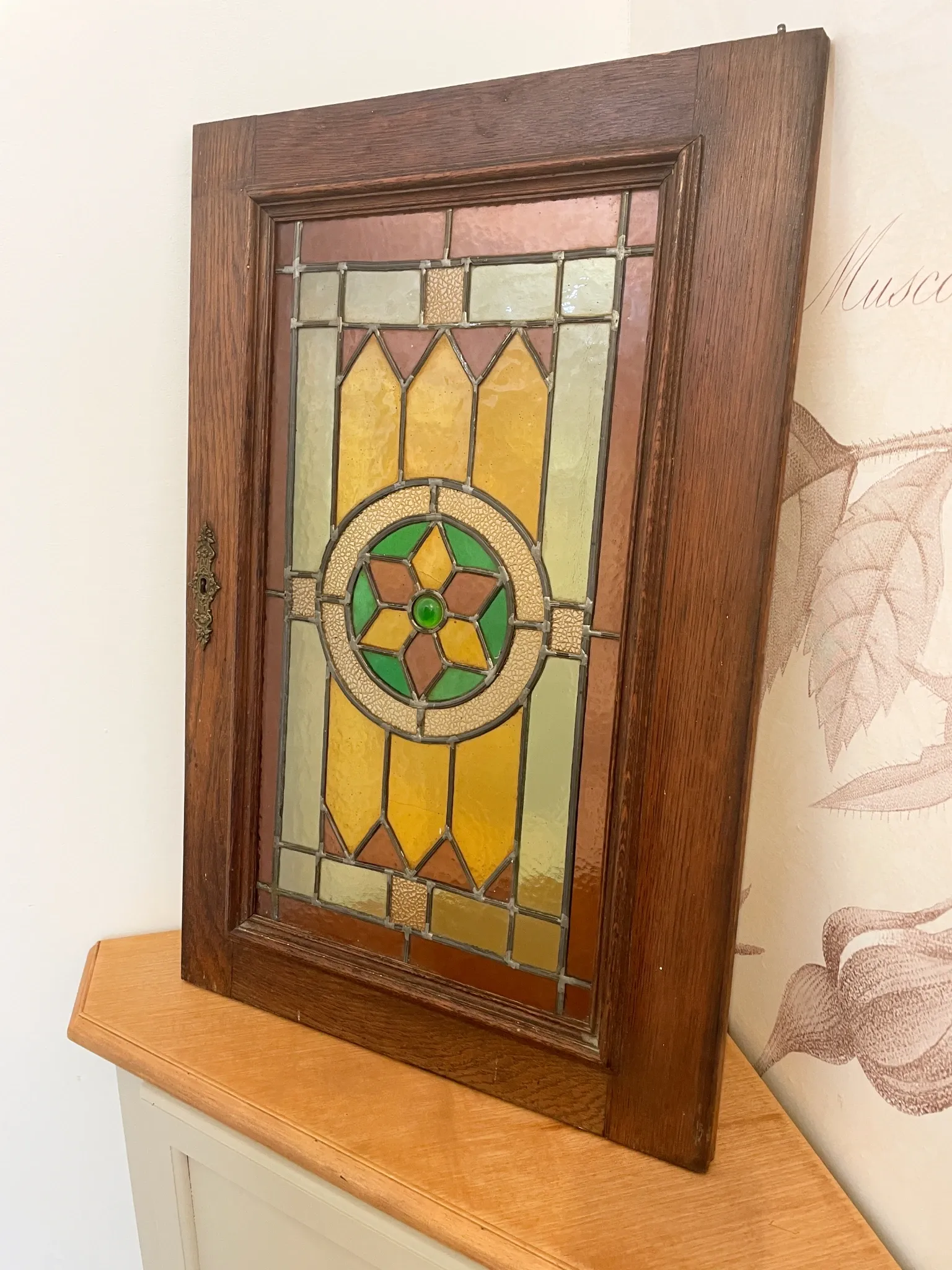 Rare - antique wooden furniture door with art nouveau stained glass