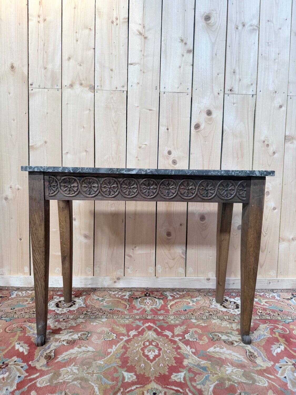 Louis XVI Style Console Table – Carved Oak & Marble Top