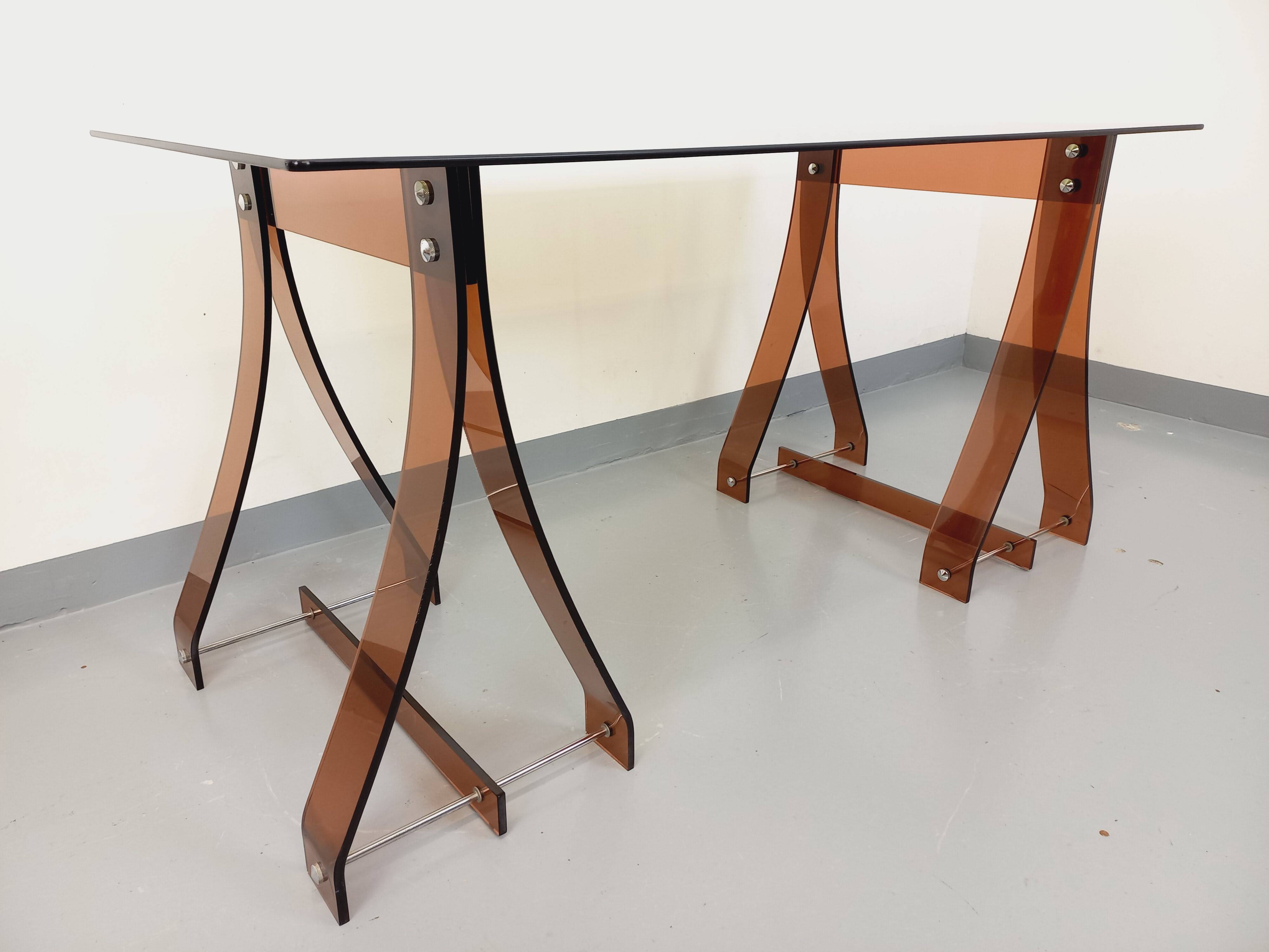 Vintage Marcello Gacita and Pierre Tiberi desk in smoked glass and plexiglass