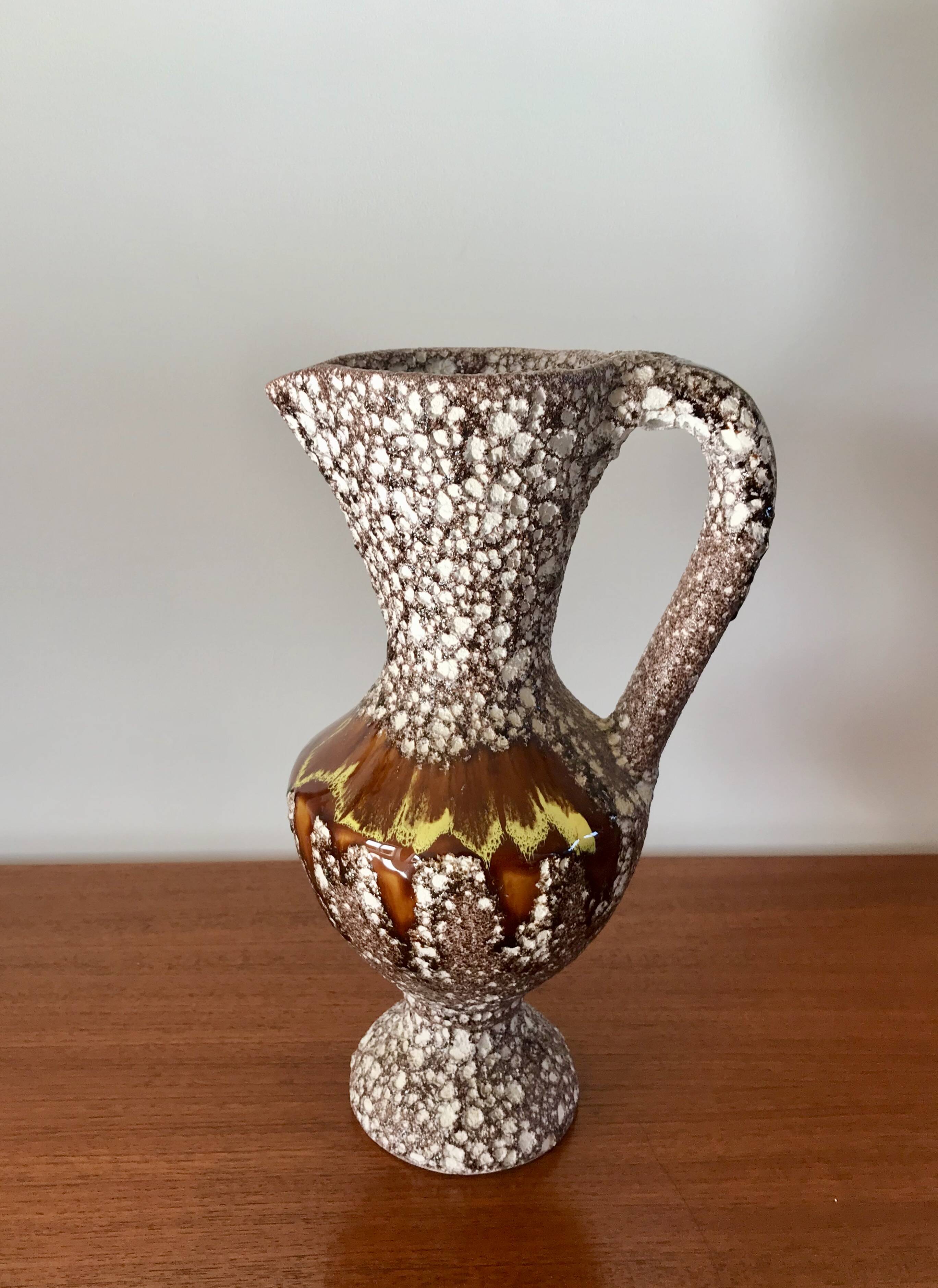 Large Vallauris Fat Lava brown and yellow ceramic pitcher from the 70s
