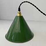 Old green enamelled conical industrial hanging lamp