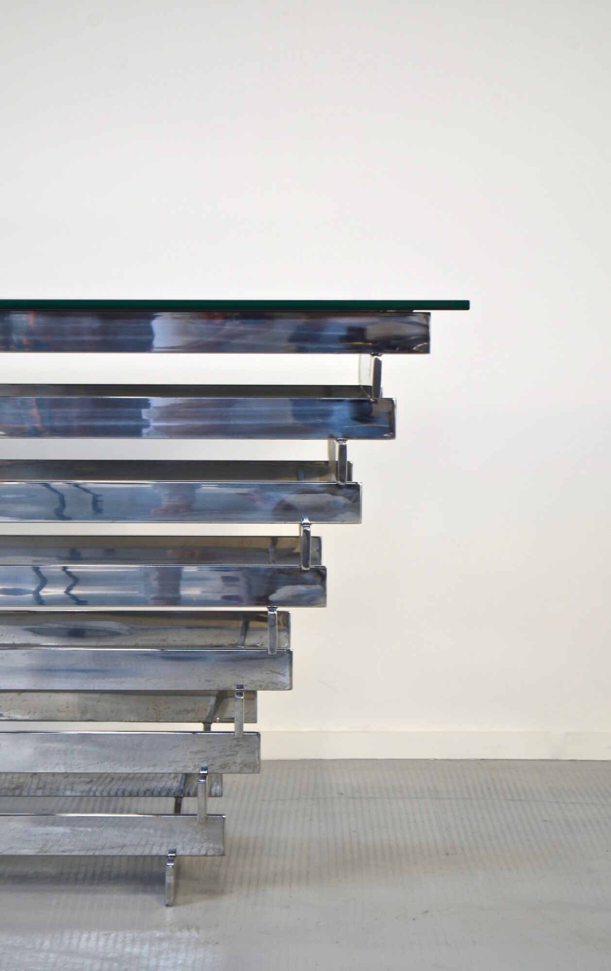 Italian stacked chrome and tinted glass console 1970