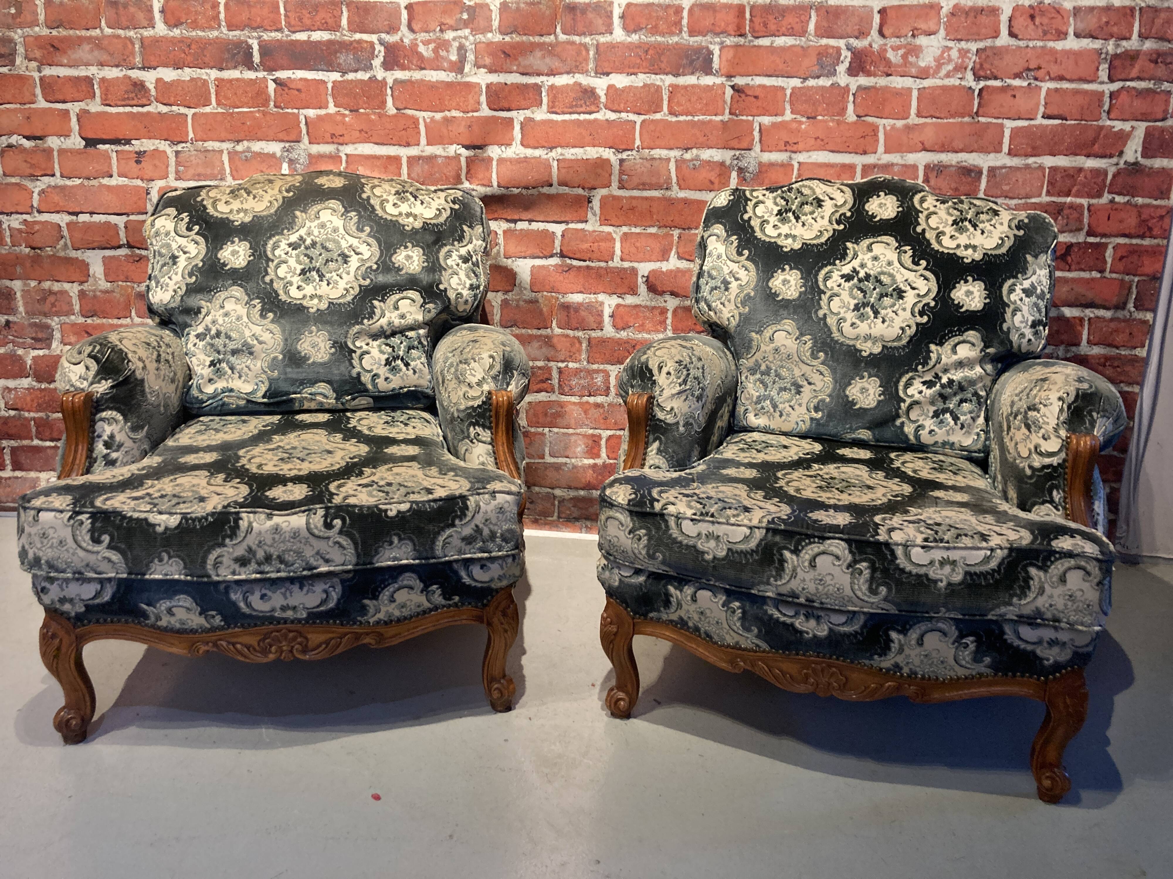 Pair of Louis XV style bergere armchairs
