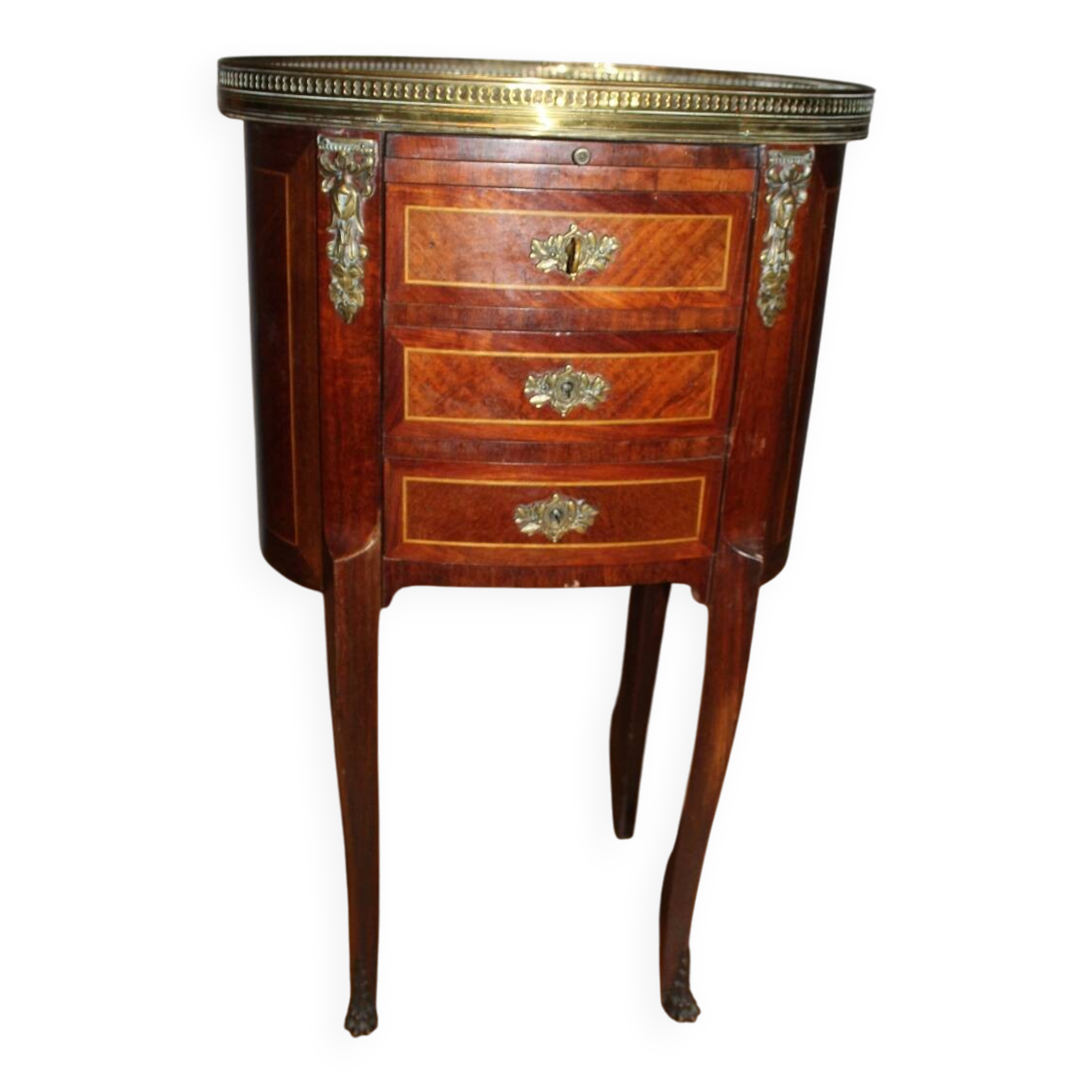 Guéridon tambour ancien style Louis XV en marqueterie, marbre et laiton