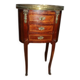 Guéridon tambour ancien style Louis XV en marqueterie, marbre et laiton