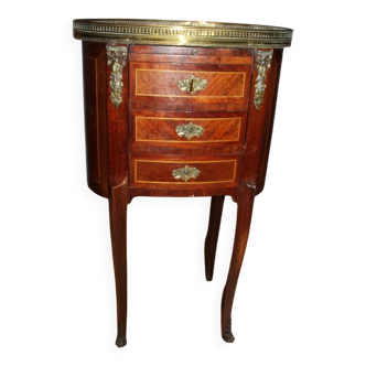 Antique Louis XV style drum pedestal table in marquetry, marble and brass