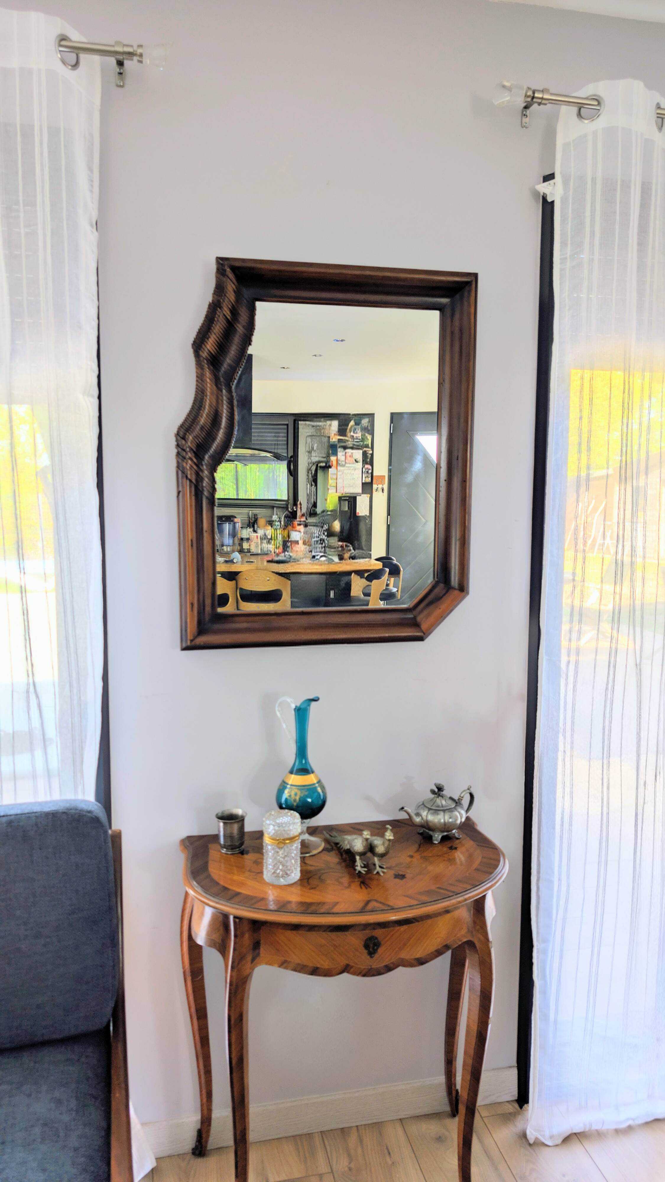 Large wooden wall mirror - wavy carving and natural patina