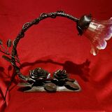 Art Deco lamp, wrought iron and opalescent tulip, 1940s-1950s