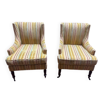 Paire de Bergères à Oreilles Napoléon III, Velours Rayé Multicolore