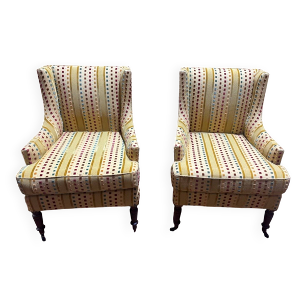 Paire de Bergères à Oreilles Napoléon III, Velours Rayé Multicolore