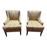 Paire de Bergères à Oreilles Napoléon III, Velours Rayé Multicolore