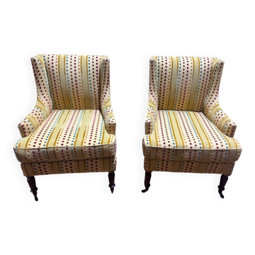 Paire de Bergères à Oreilles Napoléon III, Velours Rayé Multicolore