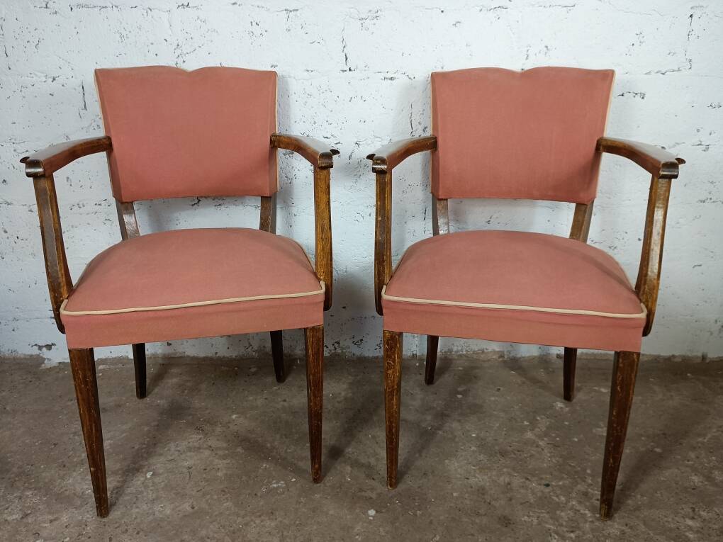 2 pale pink 50s moustache bridge armchairs