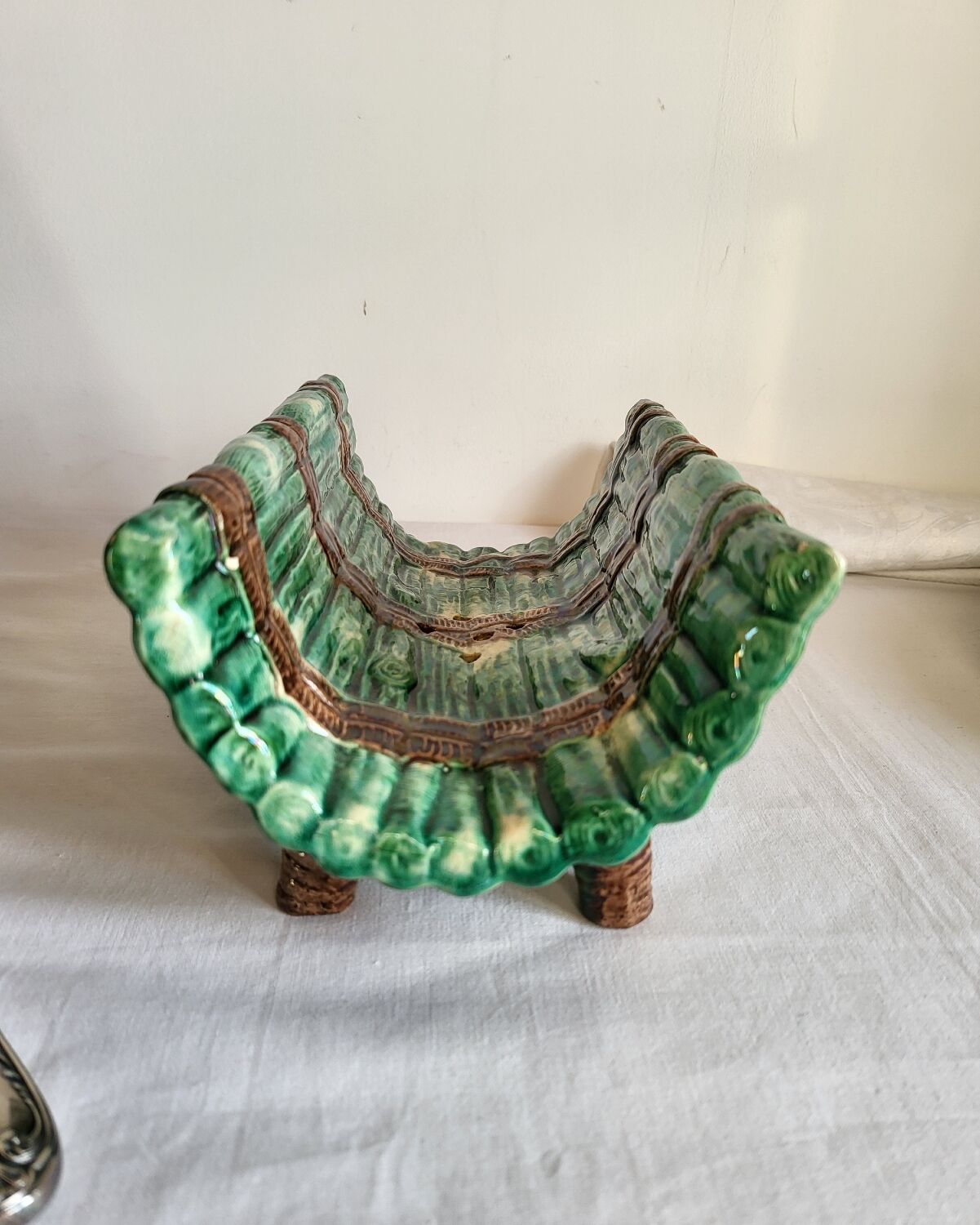 Dish and Asparagus Drainer in Green Barbotine Earthenware