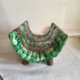 Dish and Asparagus Drainer in Green Barbotine Earthenware